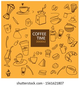 coffee time a set of objects drawn by hand.