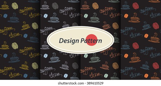 Coffee time set.Seamless pattern collection with thematic elements mug, cup, coffee, coffee bean,coffee stains,text Coffee time  on a color backgrounds in doodle style.Part IV