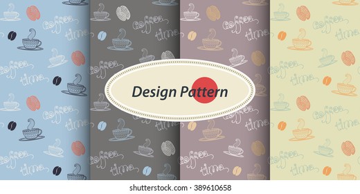 Coffee time set.Seamless pattern collection with thematic elements mug, cup, coffee, coffee bean,coffee stains,text Coffee time  on a color backgrounds in doodle style.Part I