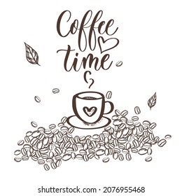 Coffee time. Coffee shop design concept. A cup of hot coffee on a background of beans