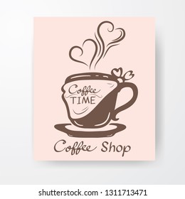 Coffee time, Coffee Shop.Hand drawn on paper light pink.