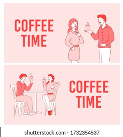 Café, descanso corto, cartel de comunicación. Hombre personaje de mujer bebiendo bebidas calientes charlando, compartiendo la impresión, relajándose sentado en la mesa en la cafetería. Relación corporativa