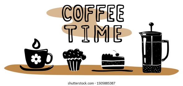 Coffee time simple sketch. Cup, french press and cakes. Vector