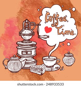 Coffee time sketch background with cup pot and cake vector illustration