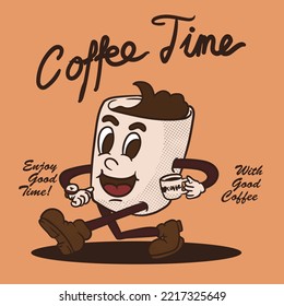 coffee time. smile mug hold cup of coffee. funky coffee cartoon mascot vector illustration