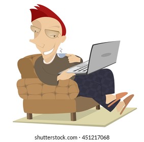 Coffee time. Smiling man sitting in the armchair plays computer and has a cup of coffee
