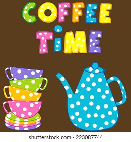Coffee time with stacked colorful cups and coffee pot