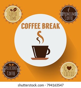 Coffee Time Stamp Set and a Cup of Coffee Icon. Vector, illustration eps10