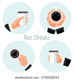 Coffee time stickers set. Takeaway hot beverage in disposable paper cup cartoon tags. Side and top view man hand holding cup of coffee vector illustration. Ceramic mug with hot drink round labels.