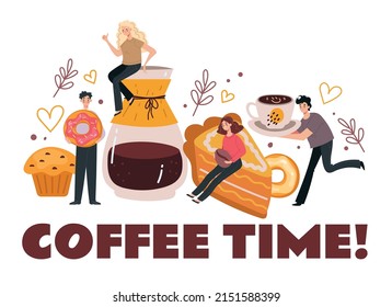 Coffee time with sweet food concept. Vector cartoon design element illustration