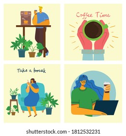 Coffee time, take a break and relaxation vector concept cards. Vector illustration in modern flat design style