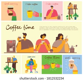 Coffee time, take a break and relaxation vector concept cards. Vector illustration in modern flat design style