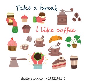 Coffee time, tome un descanso y unas tarjetas de concepto de vector de relajación. Ilustración vectorial en un diseño plano moderno