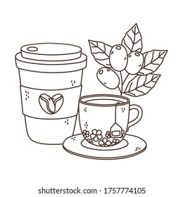 tiempo de café, taeaway cucharas de té ramificación aroma fresco ilustración vectorial diseño lineal