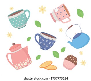 coffee time and tea, teapot cups porcelain sliced oranges and leaves mint vector illustration