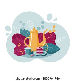 Coffee time and tea. Vector set of dishes. Cup, kettle and cake on a bright background.