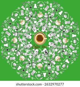 Coffee time text. Cup center symbol. Circular green background. Vector caffeine collage.