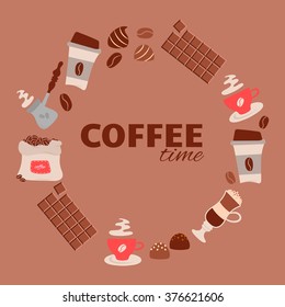 Coffee time theme - vector background. For cafe menu, fliers an other design. Round frame. Vector illustration