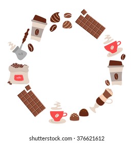 Coffee time theme - vector background with place for your text. For cafe menu, fliers an other design. Round frame. Vector illustration