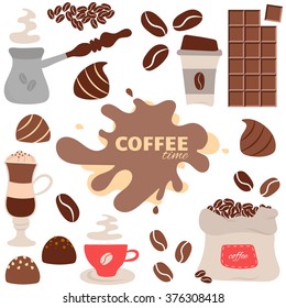 Coffee time theme - vector hand drawn Doodle cartoon set. For cafe menu, fliers an other design