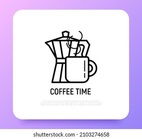 Icono de línea delgada del tiempo del café: cafetera y taza. Ilustración vectorial moderna.