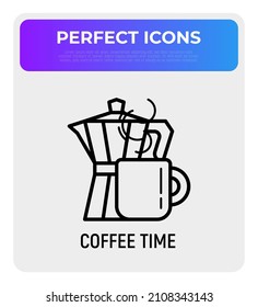 Coffee time thin line icon: coffee maker and cup. Modern vector illustration.