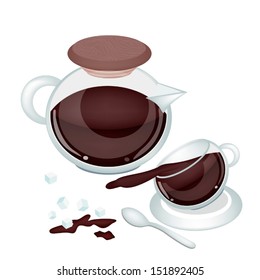 Coffee Time, Three Cups of Coffee with Hot Coffee in Coffee Pot 