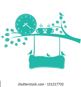 Coffee time. Tree silhouette with cups in love on tree branch
