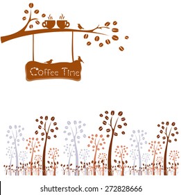 Coffee time. Tree silhouette with cups in love on tree branch