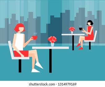 Coffee time. Two female characters sitting in the cafeteria, drinking coffee. Vector illustration