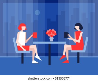 Coffee time. Two female characters sitting in the cafeteria, drinking coffee. Vector illustration