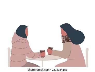 Coffee time. Two young women are sitting at the table and drinking coffee. Vector flat illustration.