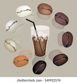Coffee Time, Various Colors of Roasted Coffee Beans Around A Glass of Iced Coffee on Retro Brown Black ground 