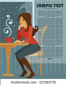 coffee time, vector background with image of girl in small winter cafe