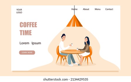 Coffee time, vector design template for the landing page of a website, web page, mobile site, banner.A man and a woman drink coffee in a coffee shop.