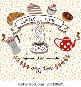 Coffee time , vector drawing with retro coffee pots and seamless coffee pattern
