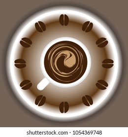 Coffee time vector illustration. Abstract clock face with beans in place of numbers and mug
