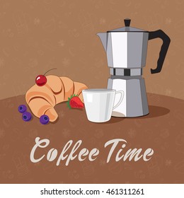 Coffee time vector illustration with bakery, berries, a coffeemaker and a cup