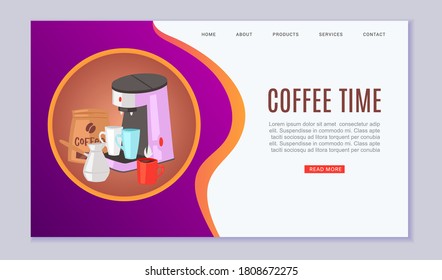 Coffee time vector illustration. Cartoon flat web banner design with cup of hot fresh drink beverage, coffeemaker for morning breakfast or lunch, business office coffee latte break landing page