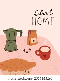 Coffee time. Vector illustration of a cup of coffee and a cake.