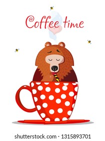 Coffee Time Vector Illustration. Cute Cartoon Teddy Bear Character Sit In Red Mug with Polka Dots Pattern and Eating Sweet Honey with Paw. Bees Fly Around. Heart in Steam Isolated on White Background.