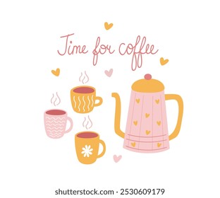 Coffee time vector illustration design with coffee cups and pot for fabric, wrapping, textile, wallpaper