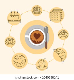 Coffee time vector illustration. Flat modern vector for coffee shop. Coffee cup and bakery icons top view. Colorful template for your design. Symbol for websites and print media.