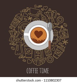 Coffee time vector illustration. Flat modern vector for coffee shop. Coffee cup and coffee icons top view. Colorful template for your design. Symbol for websites and print media.
