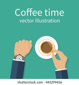 Coffee time. Vector illustration flat design. Businessman drinking coffee looking at watch, break at work. Time to relax and think. Hands holding cup. Time out on work.