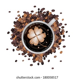 Coffee Time, Vector Illustration of Latte Art of Milk Cream Drawing Four Leaf Clover Plants or Shamrock on A Cup of Coffee Isolated on White Background 