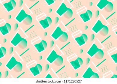 Coffee Time Vector Illustration pattern with cups of hot coffee and cups of fresh juice on warm background