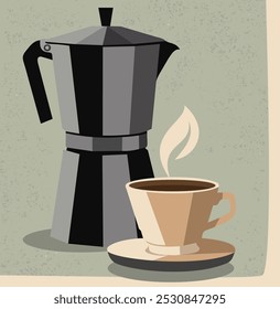 Coffee time. Vector illustration in retro style with coffee pot and coffee cup on light green background.