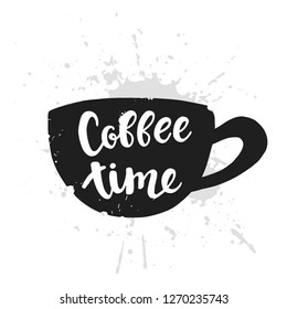 Coffee time vector lettering in cup shape isolated on white background. Hand drawn cute cartoon style. 