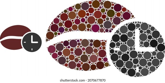 Coffee time vector mosaic of round dots in variable sizes and color hues. Dots are composed into coffee time vector mosaic. Abstract vector design concept.